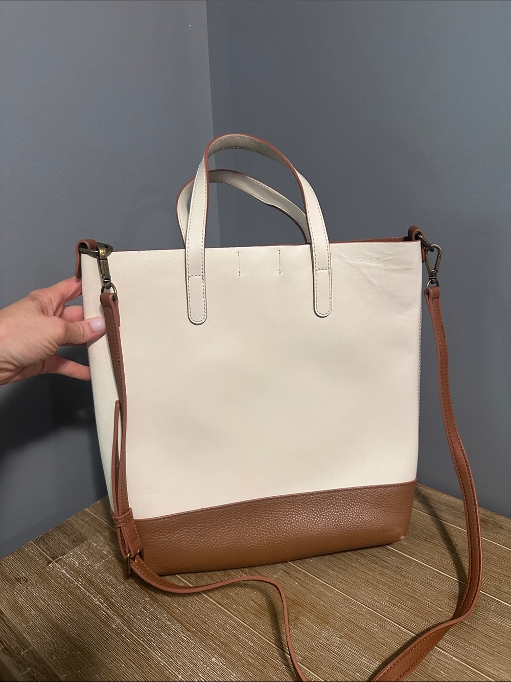 Leather Cream and Brown Two-Tone Leather Tote Bag with Crossbody Strap